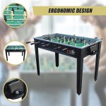 Ergonomic foosball table with player figures and ball return.