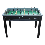 Foosball table with green field and black legs.