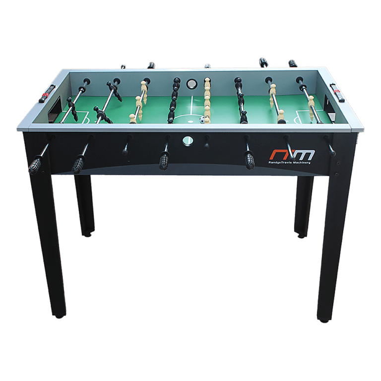 Foosball table with green field and black legs.