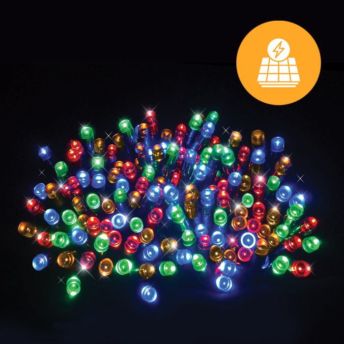 Colourful solar-powered LED garden lights.