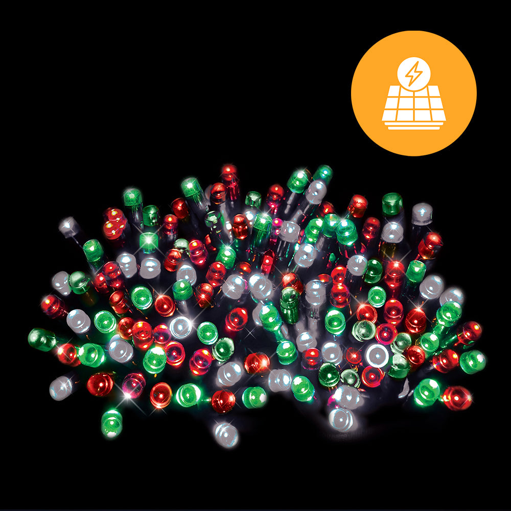 Colourful solar-powered LED Christmas lights glowing