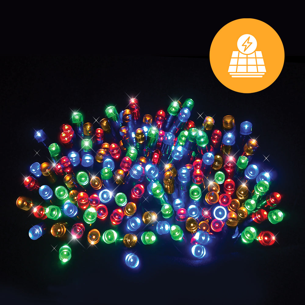 Colourful LED solar lights on black background.