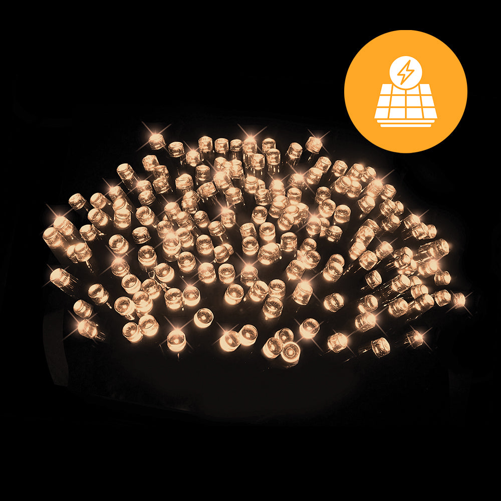 Solar-powered warm white LED fairy lights glowing.