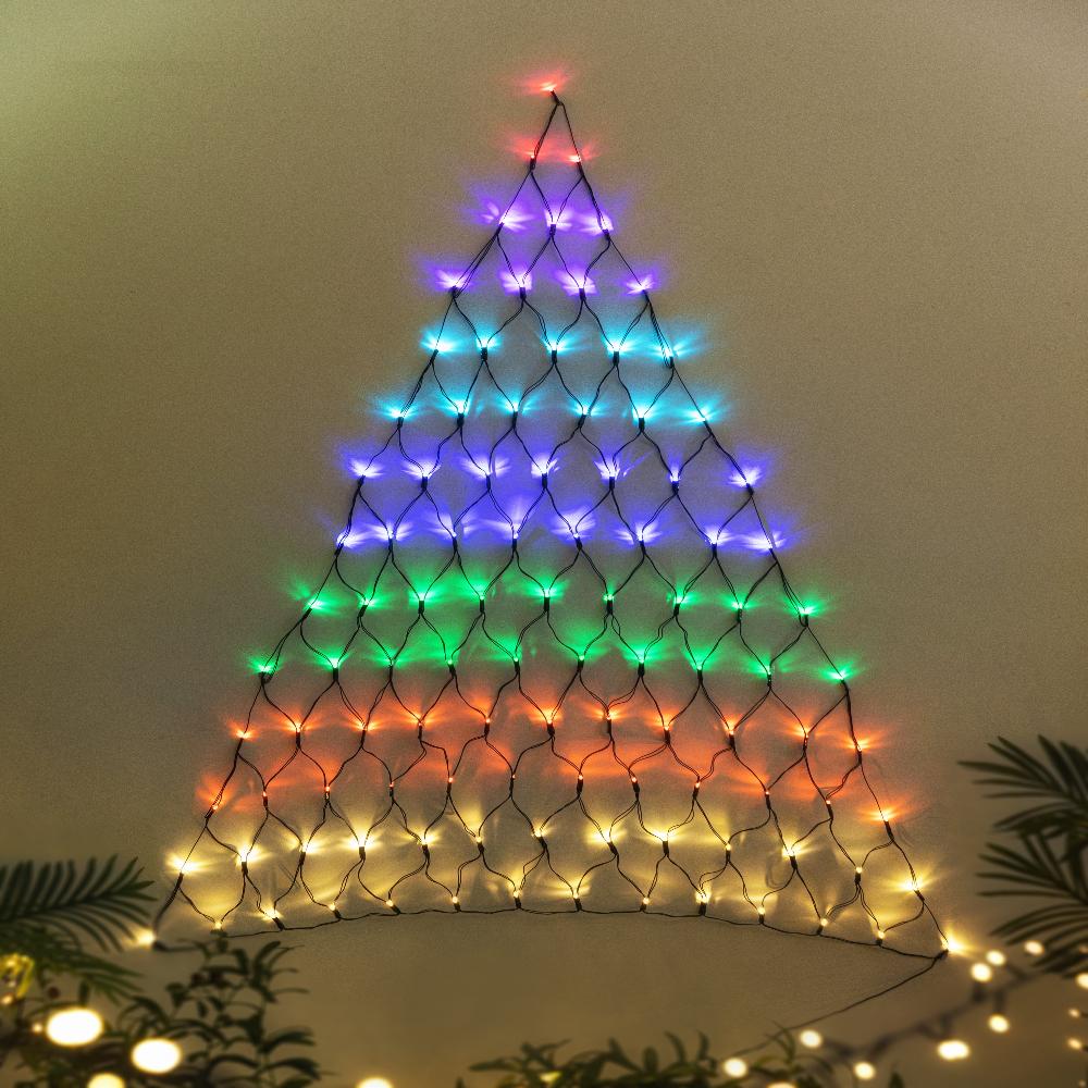 Wall-hanging Christmas tree lights with colourful patterns.