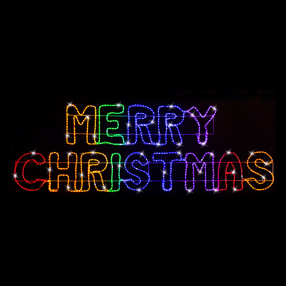Colourful 'Merry Christmas' lights on black background.