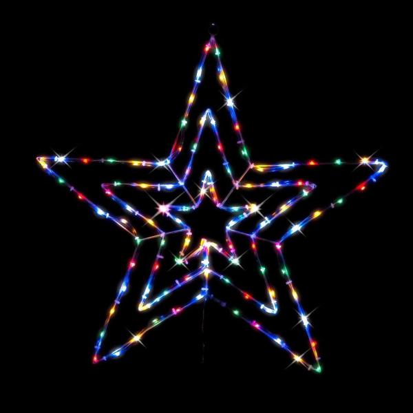 Colourful LED star lights on black background.