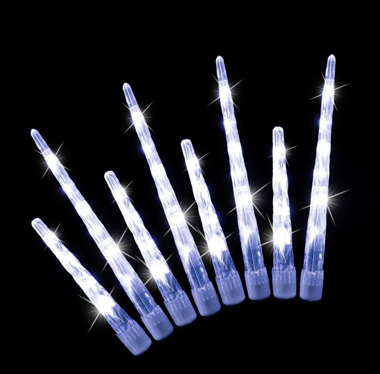 LED icicle Christmas lights on black background.