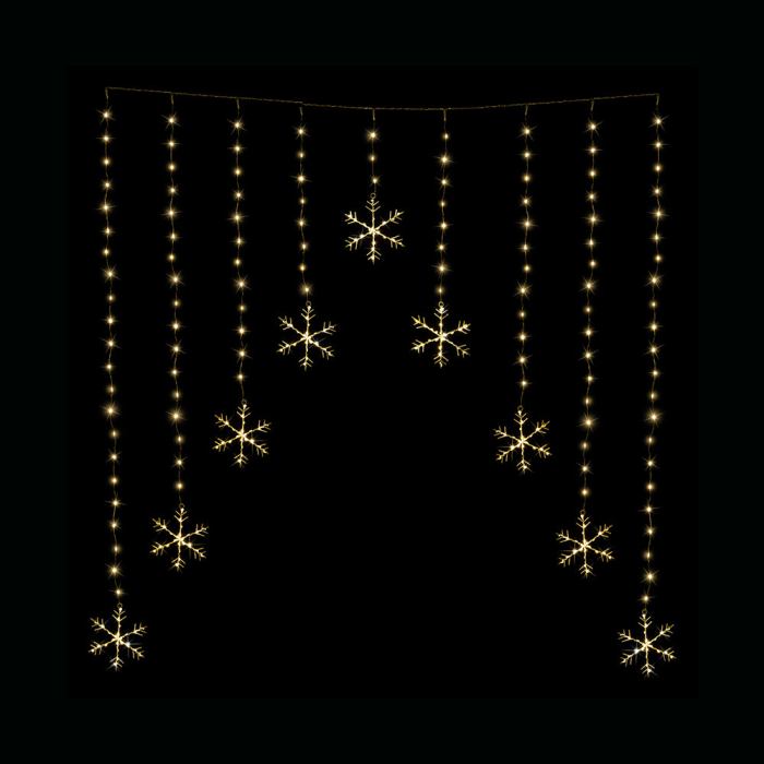 v720 xl1343 200217 00.jpg Golden snowflake LED curtain lights on black background.
