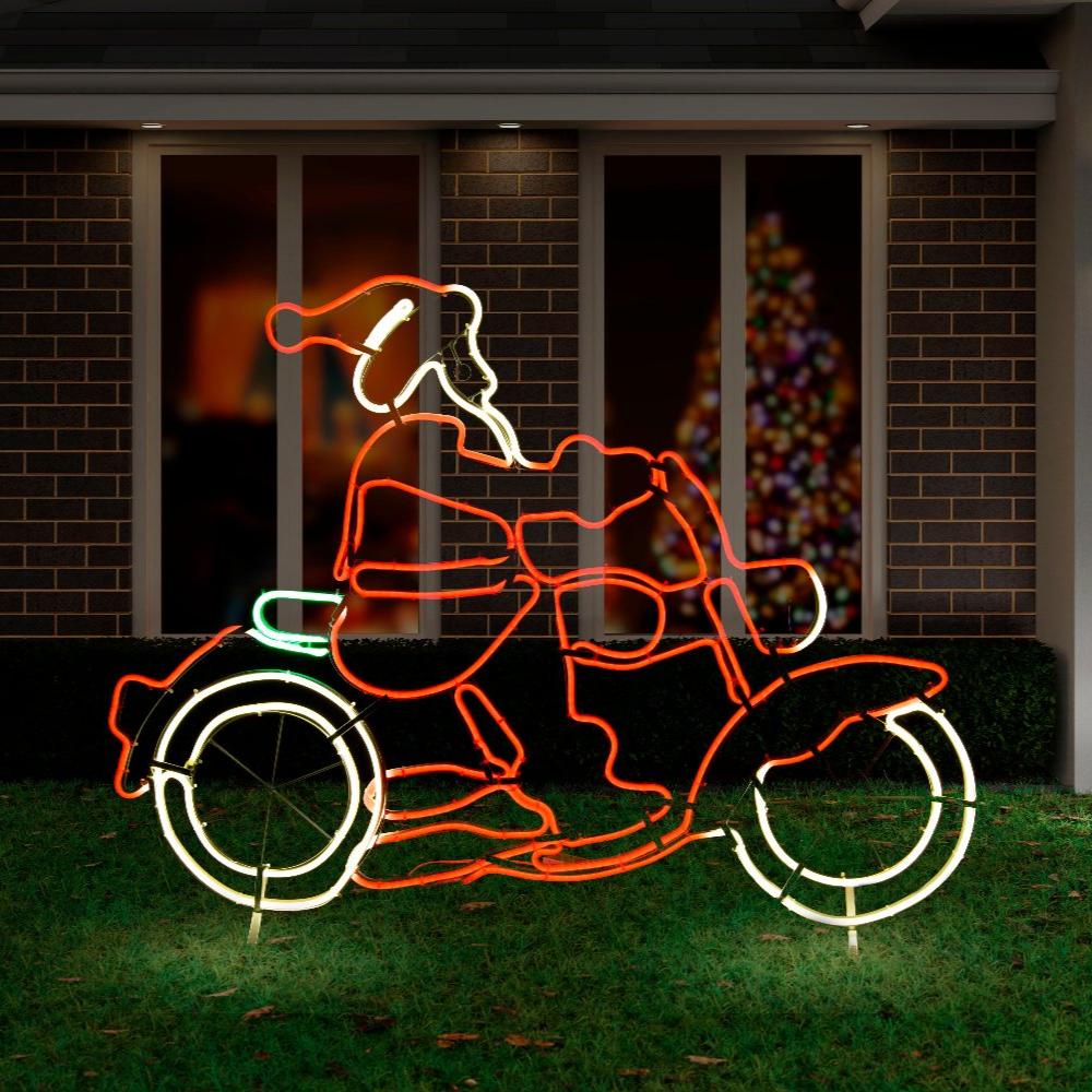 Santa riding a motorbike Christmas light display