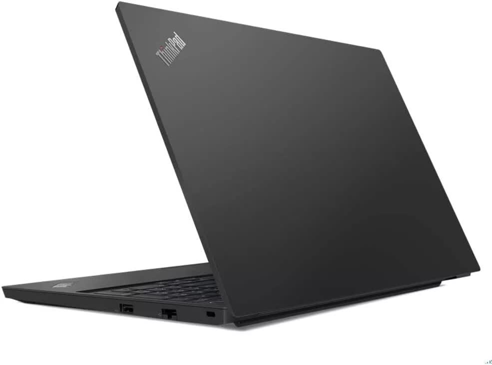 Sleek black laptop with ThinkPad logo, partially open.