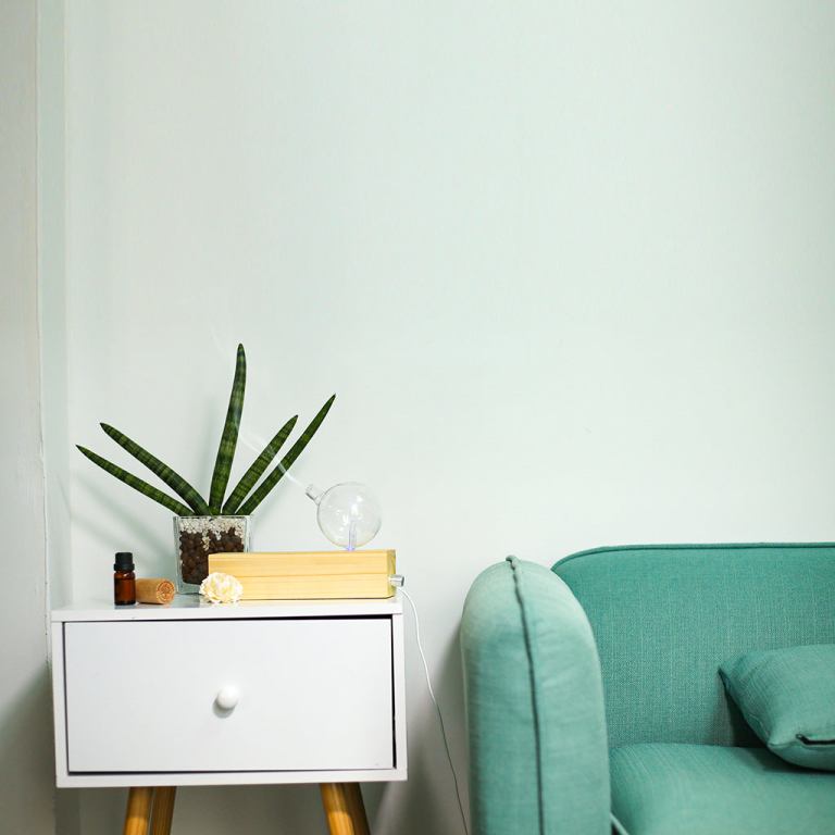 Modern living room with plant on side table.