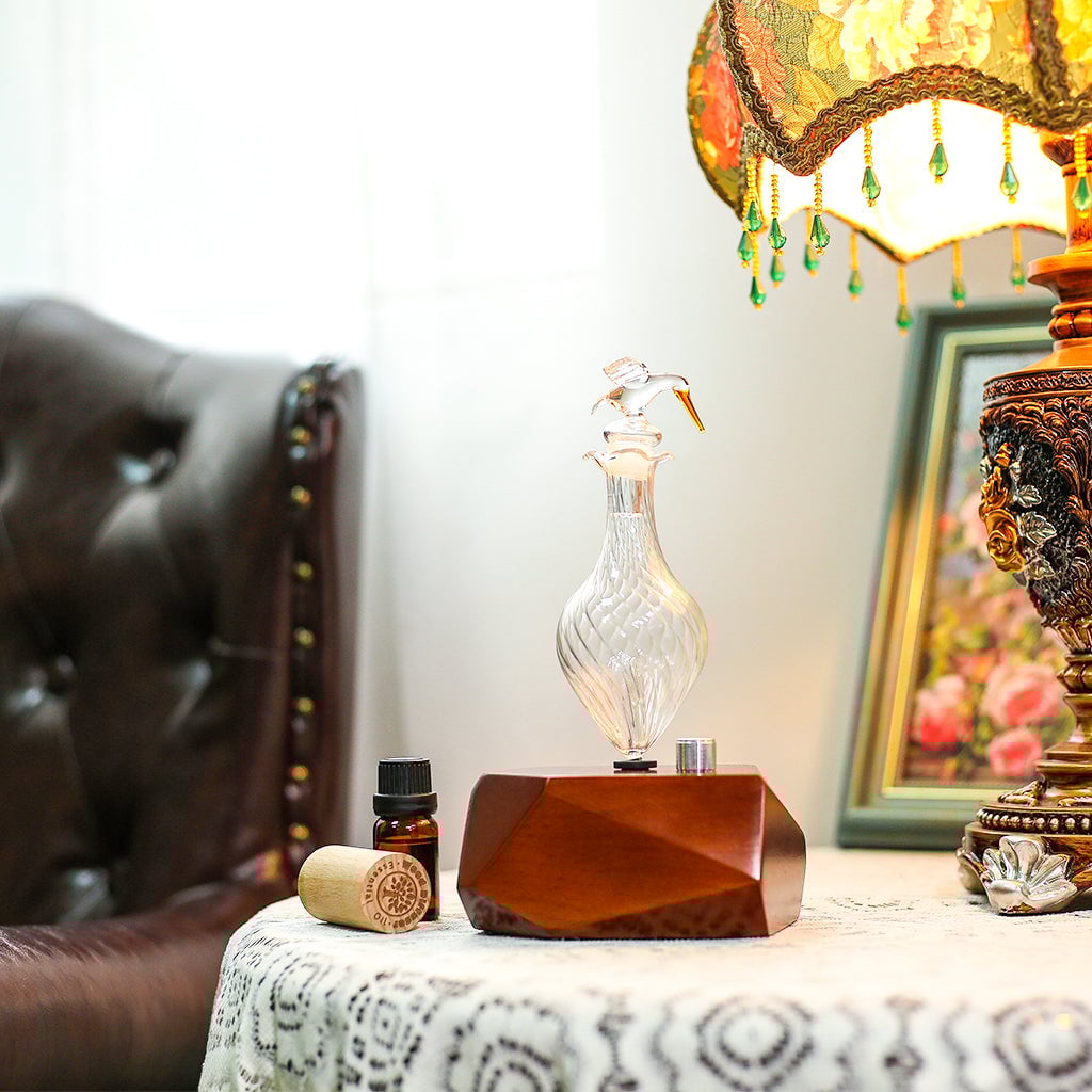 Elegant room with diffuser and vintage lamp.