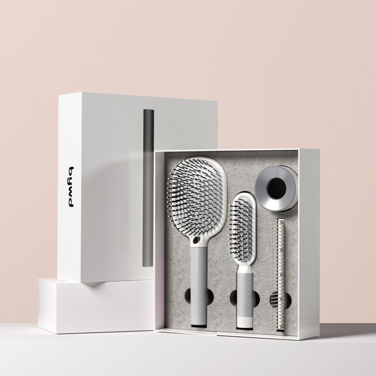 White hairbrush gift set on display.