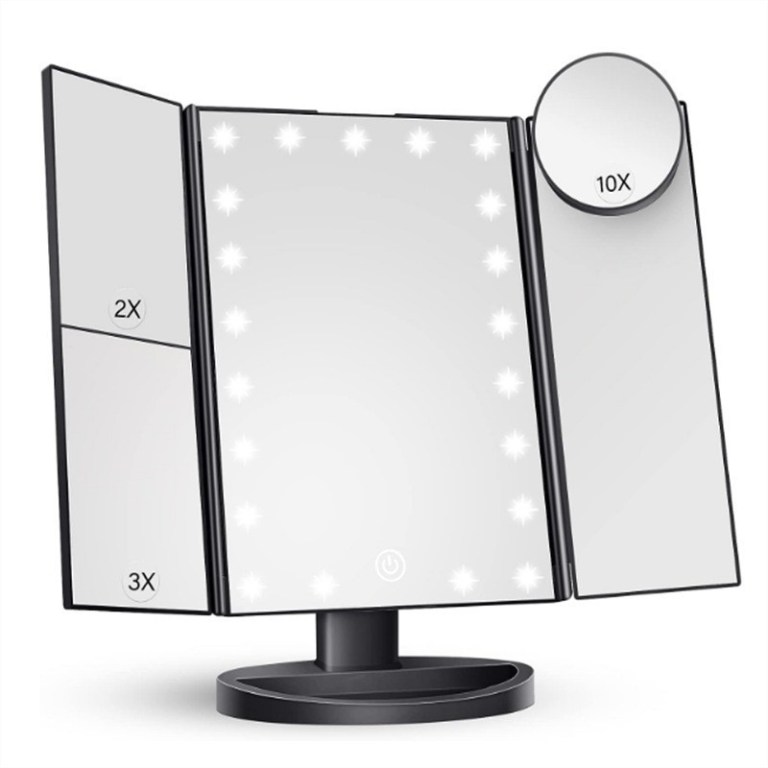 Tri-fold LED makeup mirror with magnification.