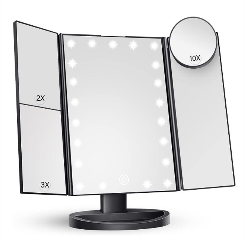 Tri-fold LED makeup mirror with magnification.