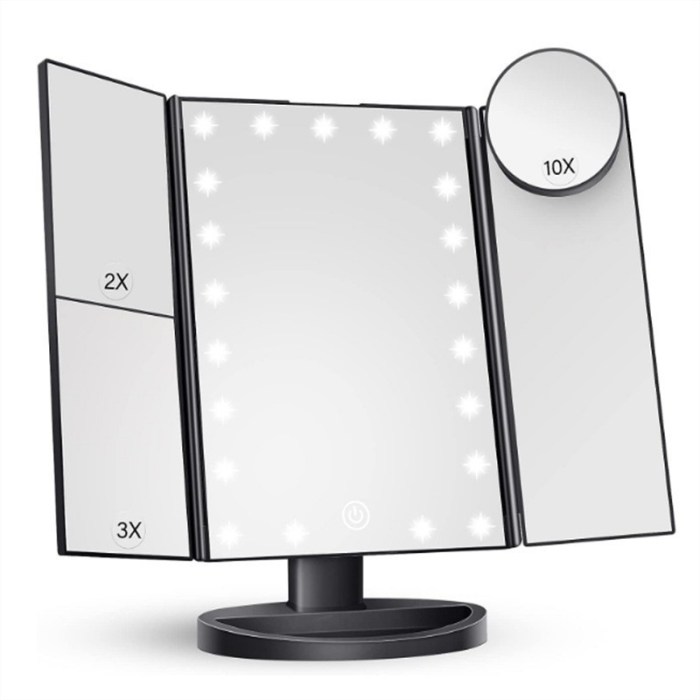 black led lighted tri fold vanity mirror with 2x/3x/10x magnification Tri-fold LED makeup mirror with magnification sections