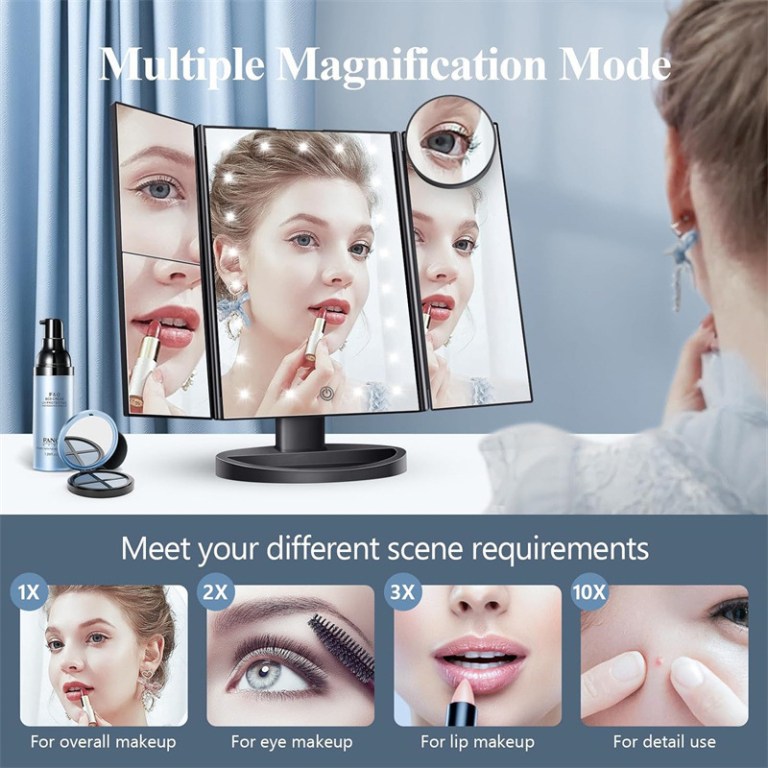 Makeup mirror with multiple magnification options and uses.