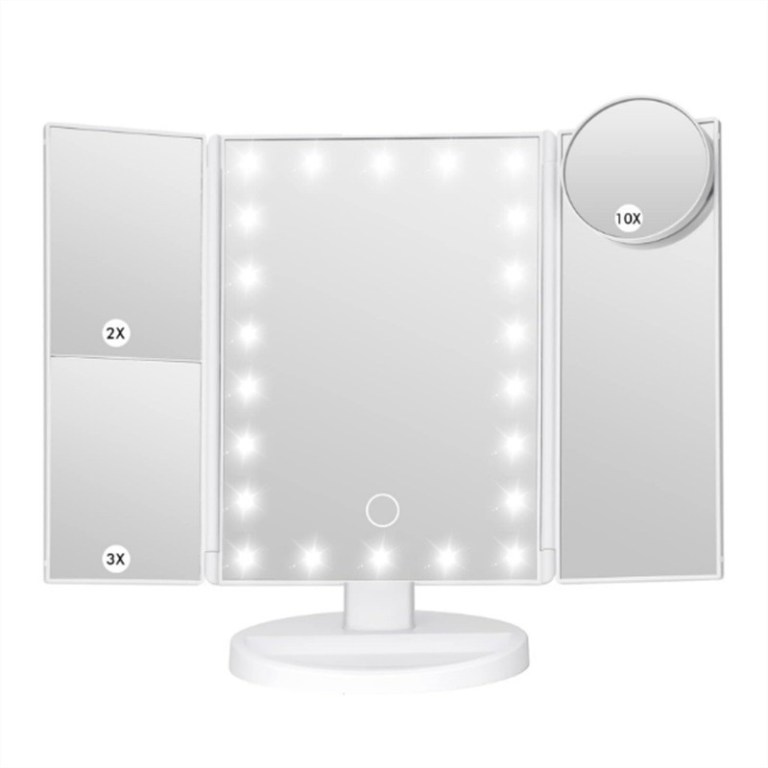 Tri-fold LED makeup mirror with magnification sections.