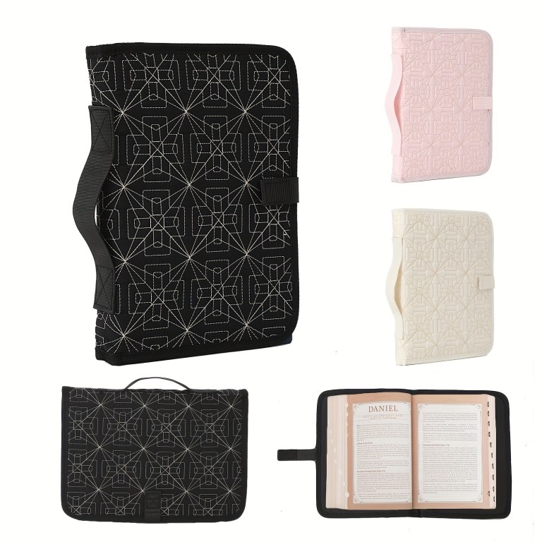 Bible covers in black, pink, cream, with embroidery.