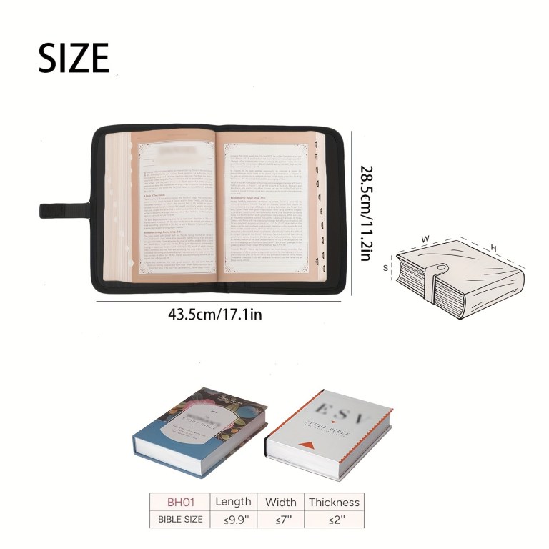 Bible cover dimensions and size comparison guide.