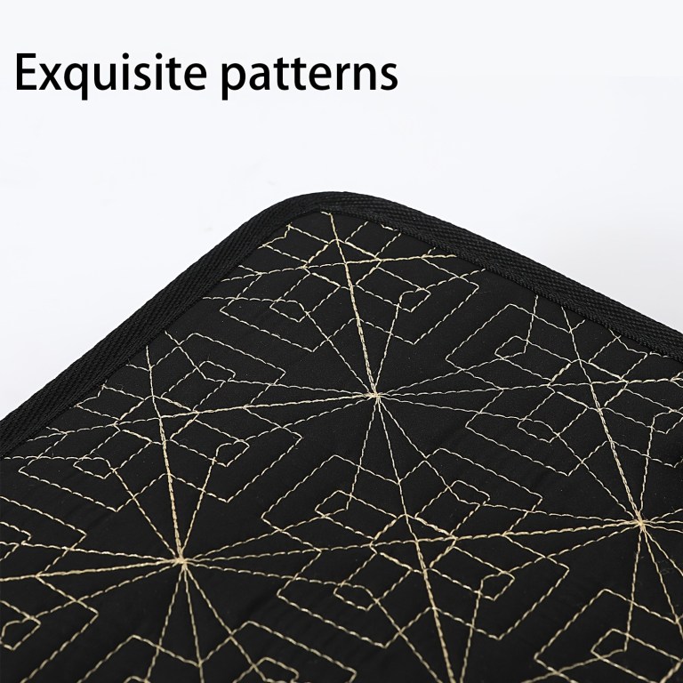 Intricate geometric patterns on dark fabric.