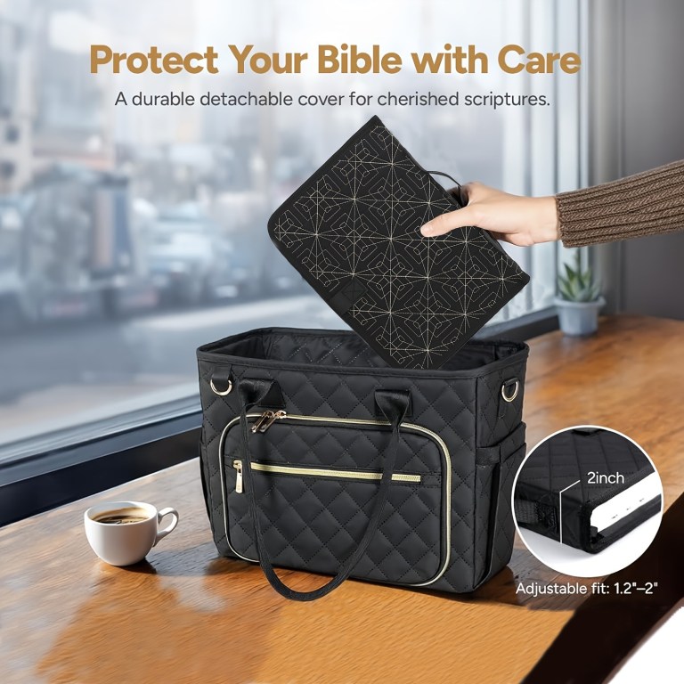 Durable cover for Bible, fits in quilted bag.
