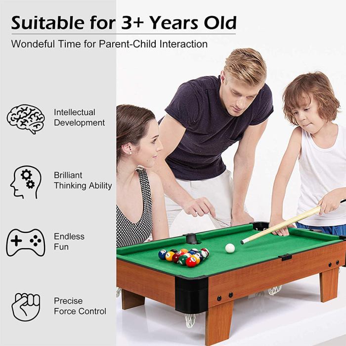 wooden mini snooker tables billiards game pool table set toy extra size for kids Family playing mini pool table, enhancing kids' skills.