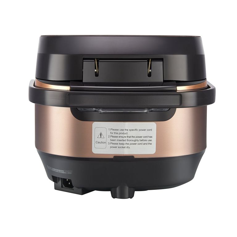 Modern electric pressure cooker, brown and black design.