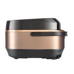 Copper rice cooker, black lid, side view