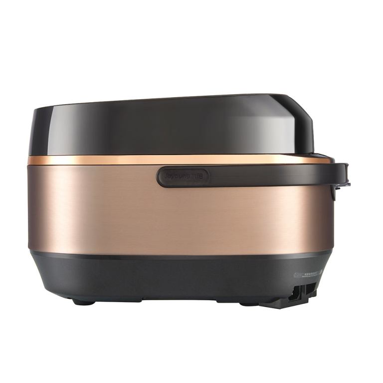 Copper rice cooker, black lid, side view