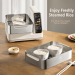 hoper layer electric food steamer 16l large capacity 10 second start 24h timer independent water tank Rice steamer with bowls of steamed rice