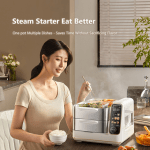 hoper layer electric food steamer 16l large capacity 10 second start 24h timer independent water tank Woman cooking with a multifunctional steam cooker.
