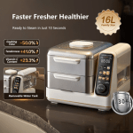hoper layer electric food steamer 16l large capacity 10 second start 24h timer independent water tank 16L steam oven, efficient cooking and healthy results.