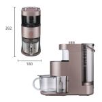 Modern coffee machine with glass carafe and measurements.