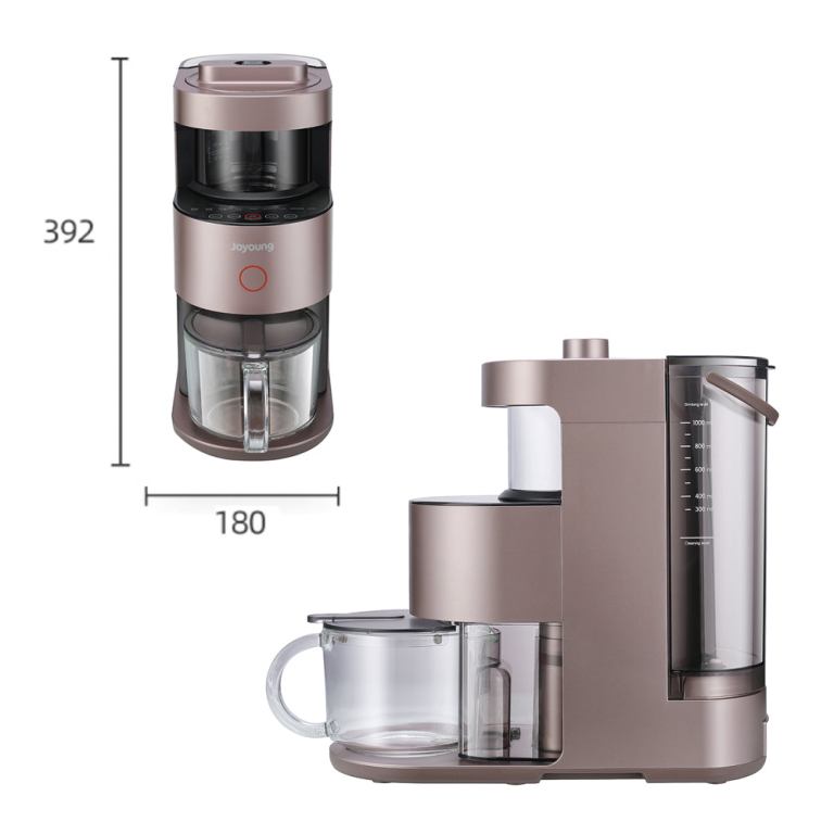 Modern coffee machine with glass carafe and measurements.