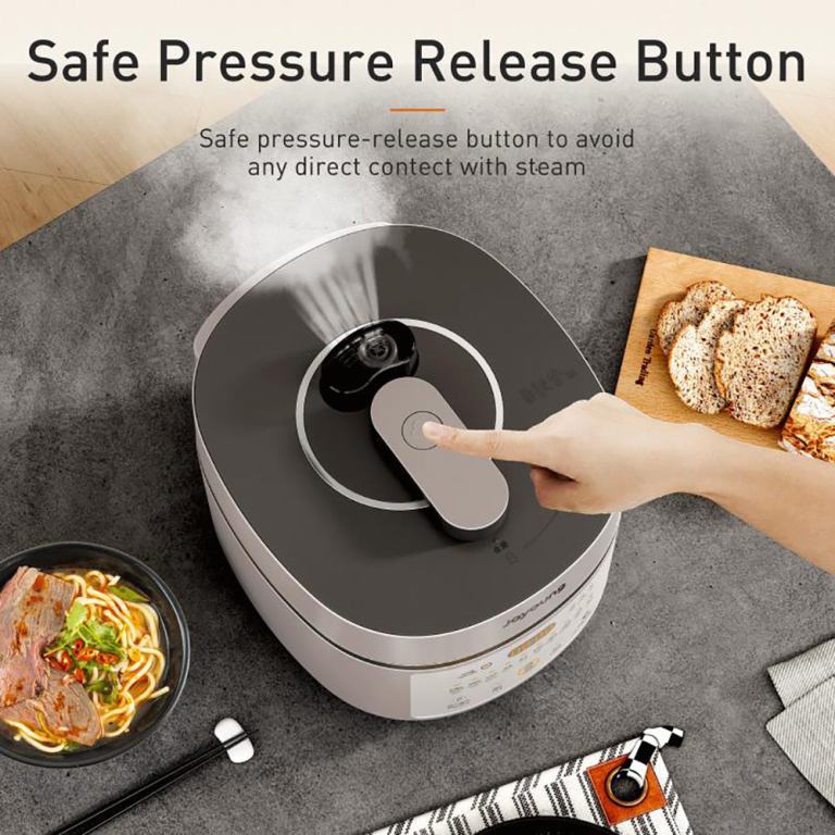 joyoung induction heating pressure cooker 5l double liner pot au version Person pressing pressure cooker safety button.