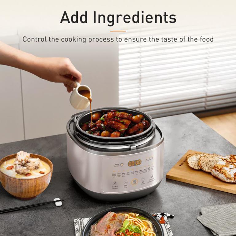 joyoung induction heating pressure cooker 5l double liner pot au version Adding ingredients to a rice cooker on kitchen counter.