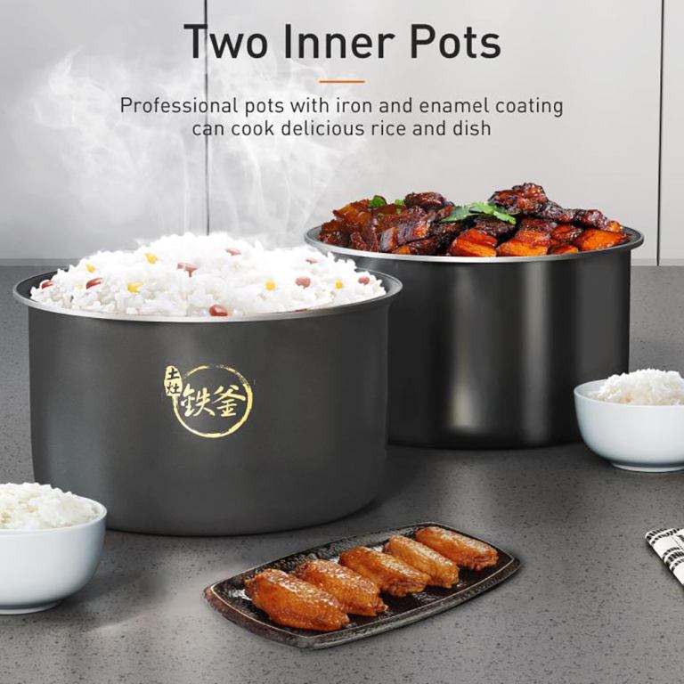 joyoung induction heating pressure cooker 5l double liner pot au version Iron pots with rice and meat on counter.