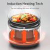 Induction heating pot with cooked meal, fast cooking technology.