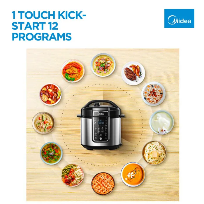 midea 5.7l 12 programs pressure cooker Pressure cooker with 12 meal options displayed.