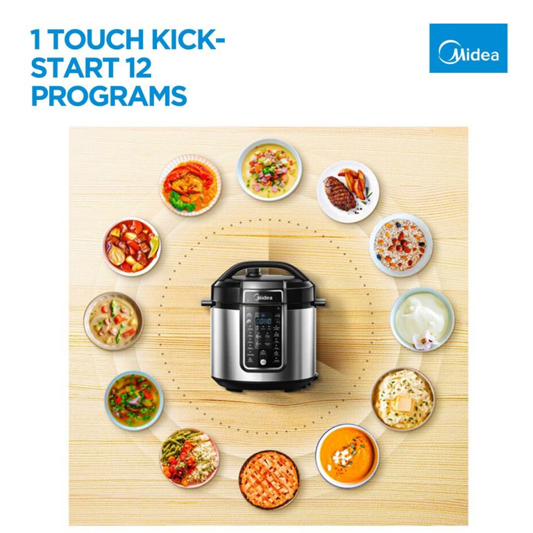 Pressure cooker with 12 meal options displayed.