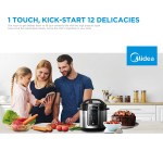 Family using multi-cooker in modern kitchen.