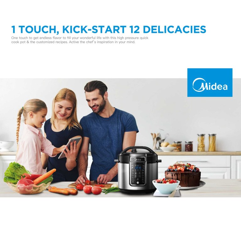 Family using multi-cooker in modern kitchen.