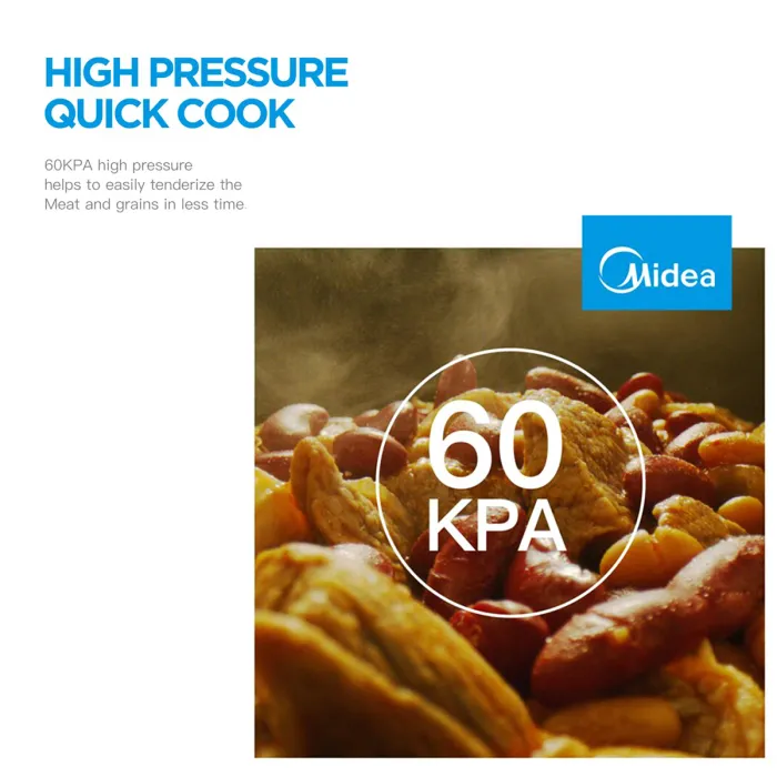midea 5.7l 12 programs pressure cooker High pressure cooking, tenderises meat and grains quickly.