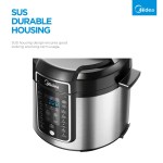 Stainless steel cooker with digital display, durable design.