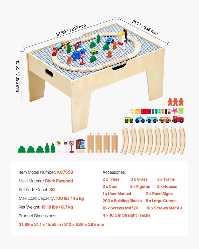 vevor multi purpose activity play table 290 building bricks & 30 pcs accessories