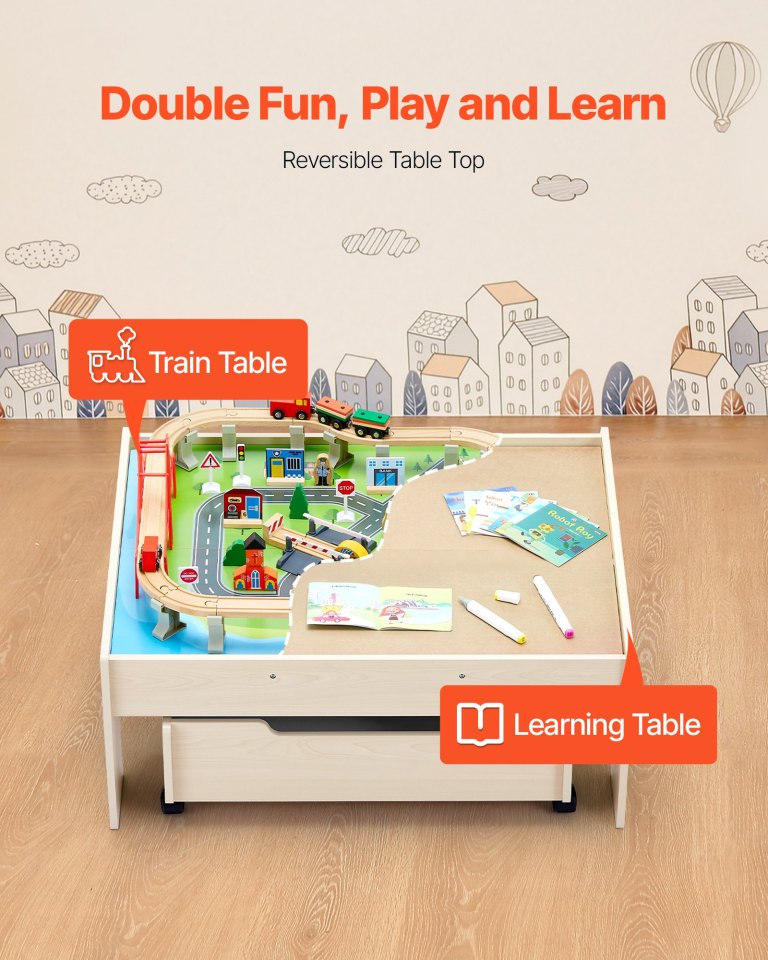 vevor train table 100 pcs wooden kids activity table with rolling storage drawer vevor train table 100 pcs wooden kids activity table with rolling storage drawer
