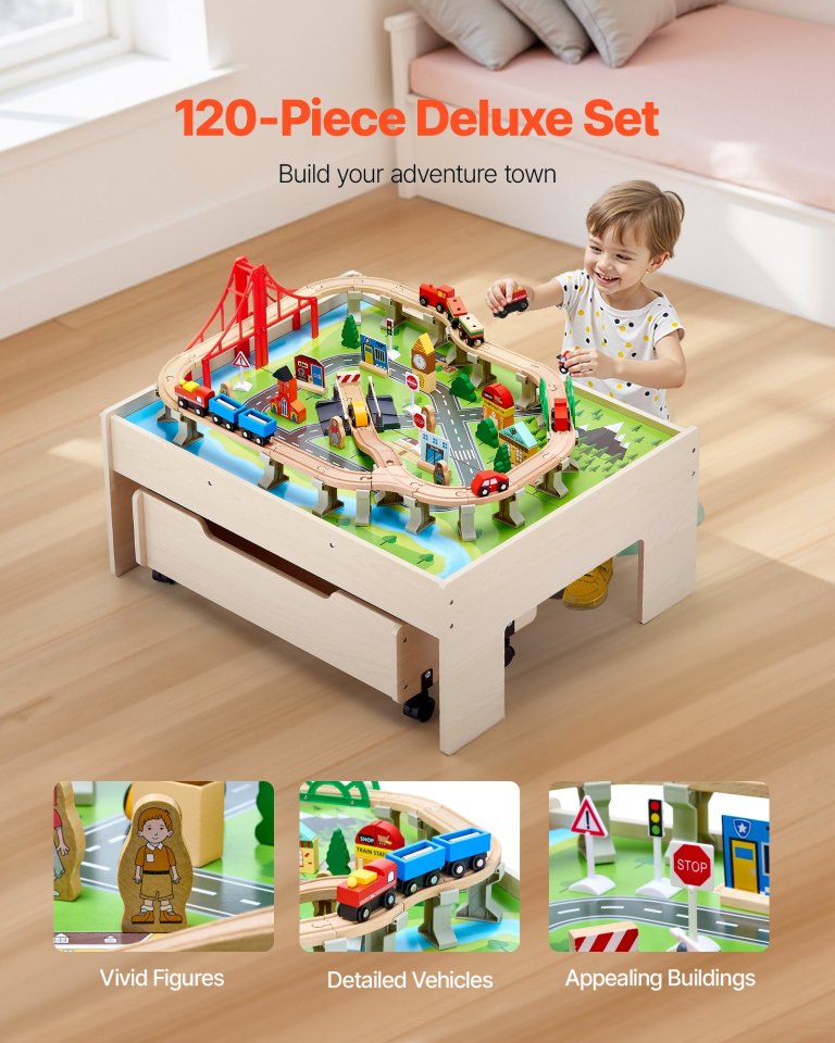 vevor train table 100 pcs wooden kids activity table with rolling storage drawer vevor train table 100 pcs wooden kids activity table with rolling storage drawer