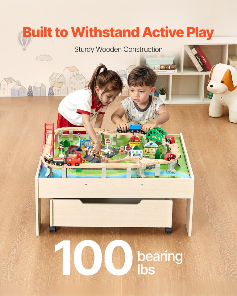 vevor train table 100 pcs wooden kids activity table with rolling storage drawer vevor train table 100 pcs wooden kids activity table with rolling storage drawer