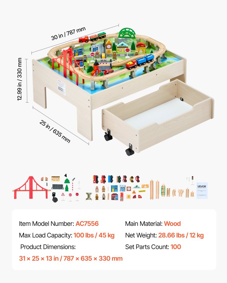 vevor train table 100 pcs wooden kids activity table with rolling storage drawer vevor train table 100 pcs wooden kids activity table with rolling storage drawer